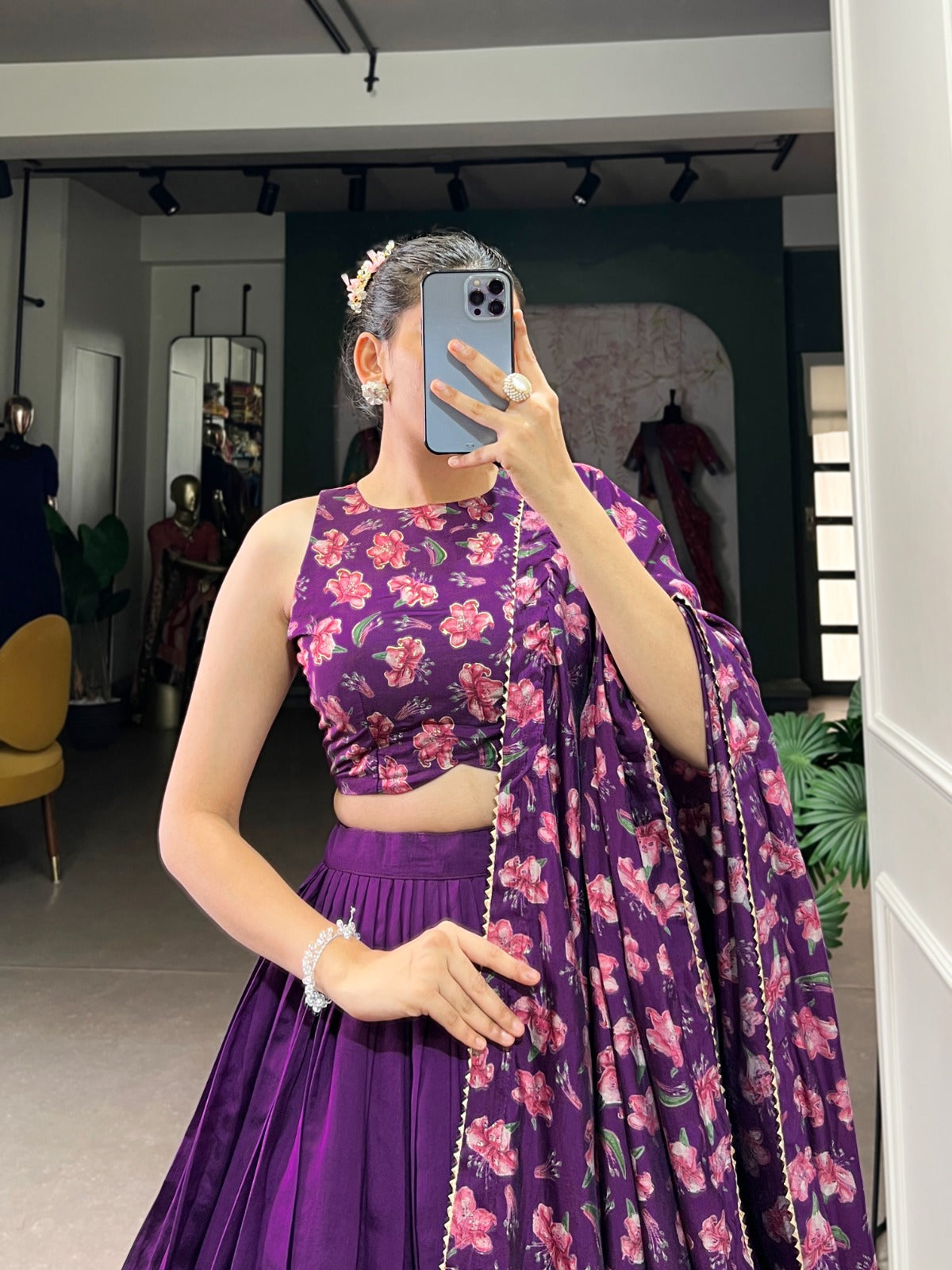 Beautiful Traditional Tussar Silk Floral Print With Foil Work Lehenga Choli