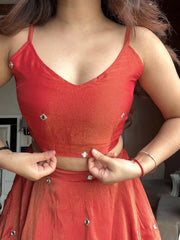 Trending Rust Orange Stunning Simmer Silk Designer Lehenga With Koti