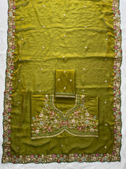 Party-wear Fendy Satin Silk Embroidery Butta Cutwork Border Saree