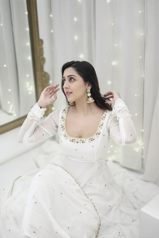 Beautiful Georgette White Designer Handwork Gown