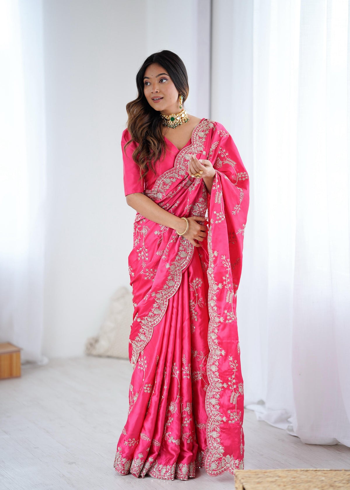 Royal Japan Satin Silk Sequence Embroidery Work Saree