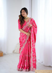 Royal Japan Satin Silk Sequence Embroidery Work Saree