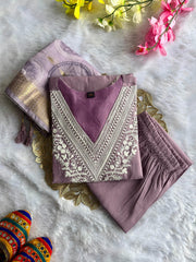 Beautiful Roman Silk With Embroidery Cotton Thread Work Dress