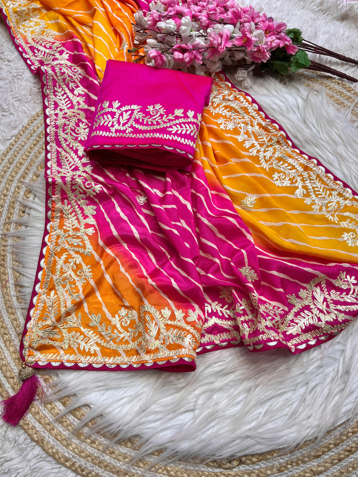 Beautiful Soft Chinon Silk Lehriya Multi Saree