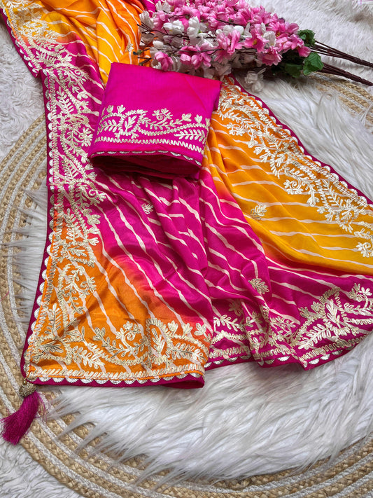 Beautiful Soft Chinon Silk Lehriya Multi Saree