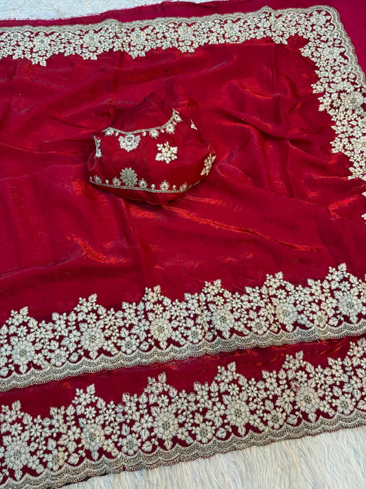 Beautiful Designer Pure Fendy Satin Silk Embroidery Border Work Saree