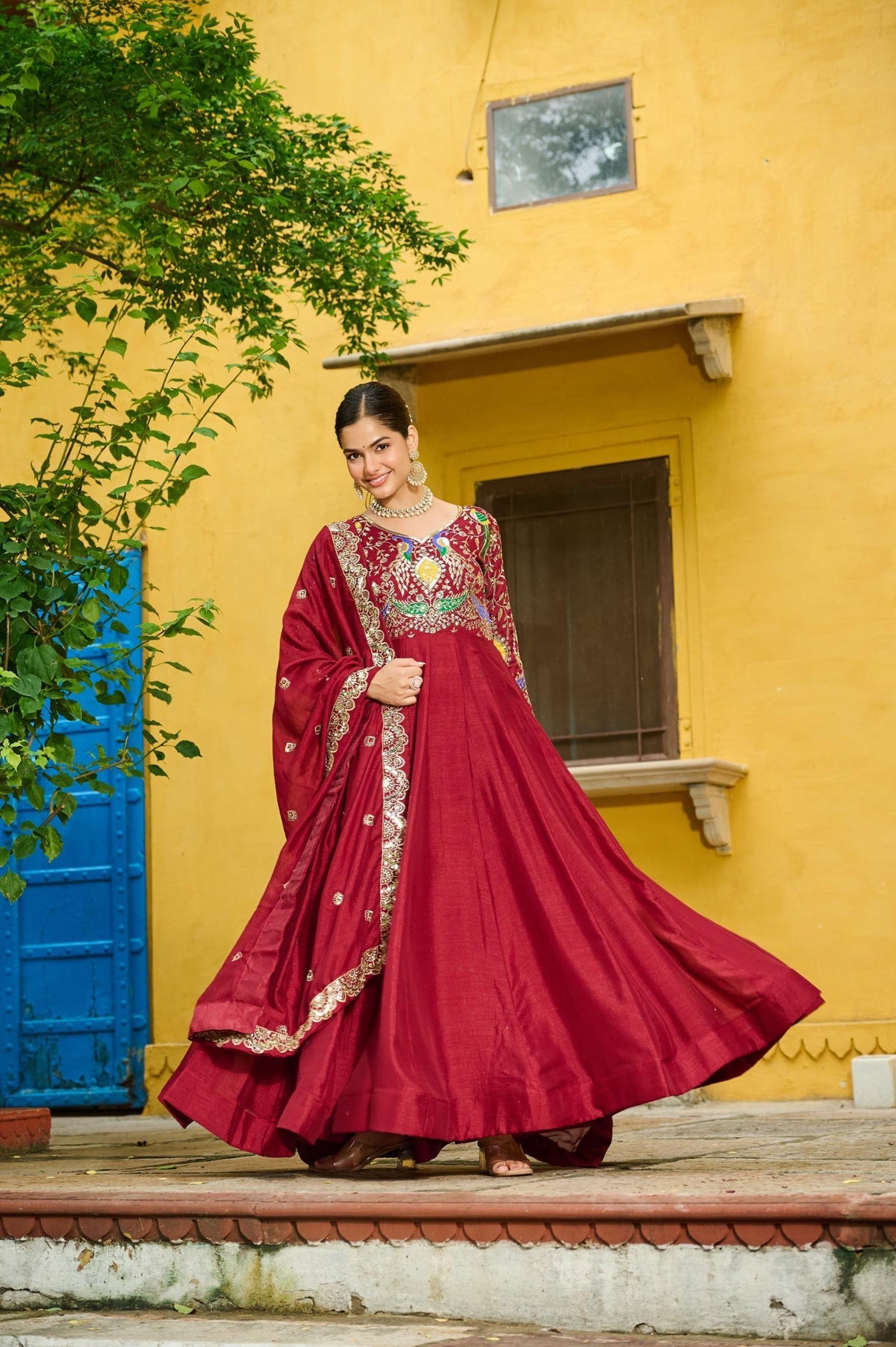Beautiful Vichitra Silk Multi Thread & Zari Embroidery Work Gown