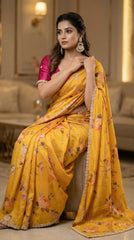 Beautiful Smooth Chinnon Embroidery Printed Work Saree