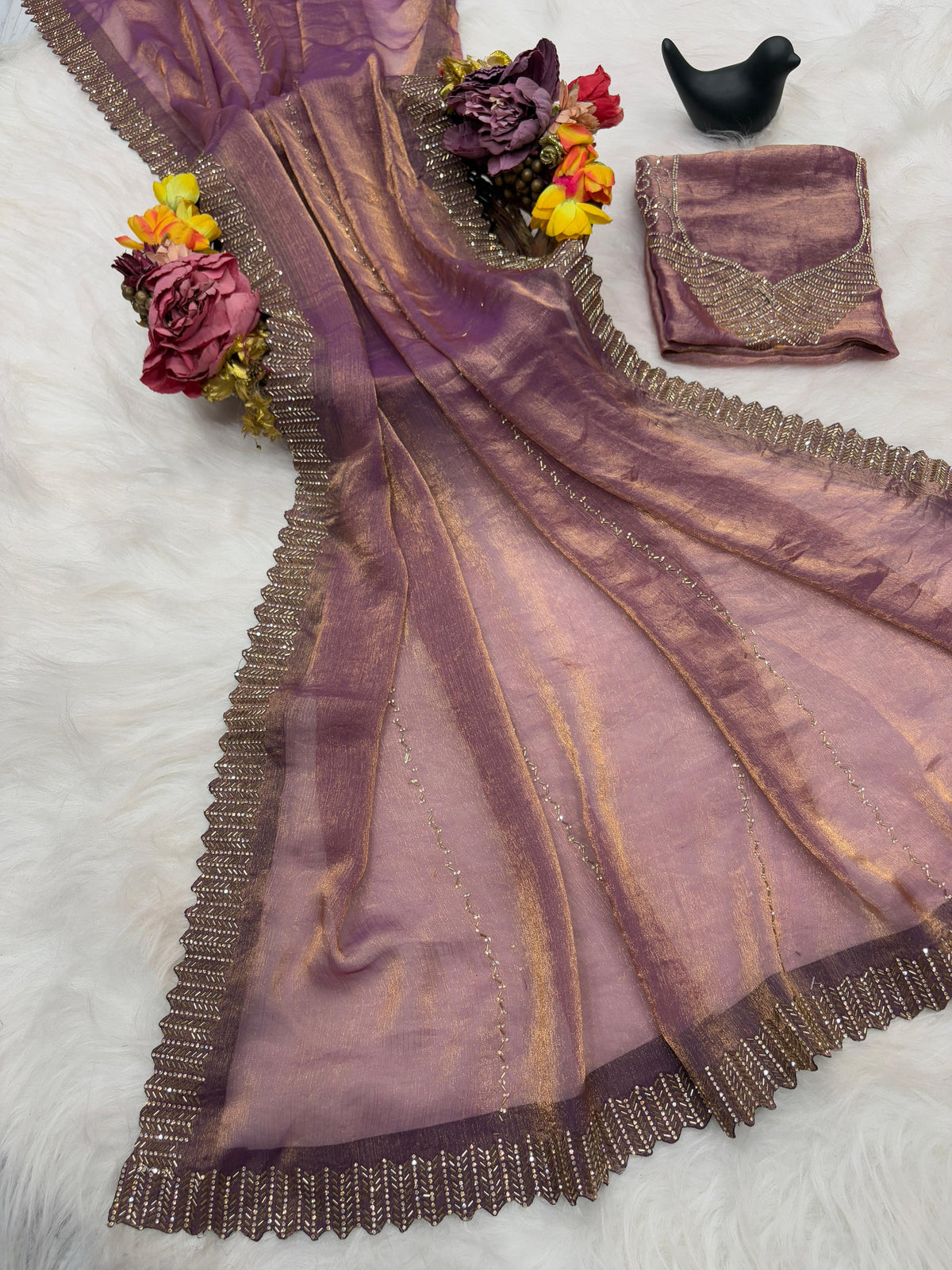 Beautiful Party-wear Satin Space Silk Zarkhan Diamond Work Saree