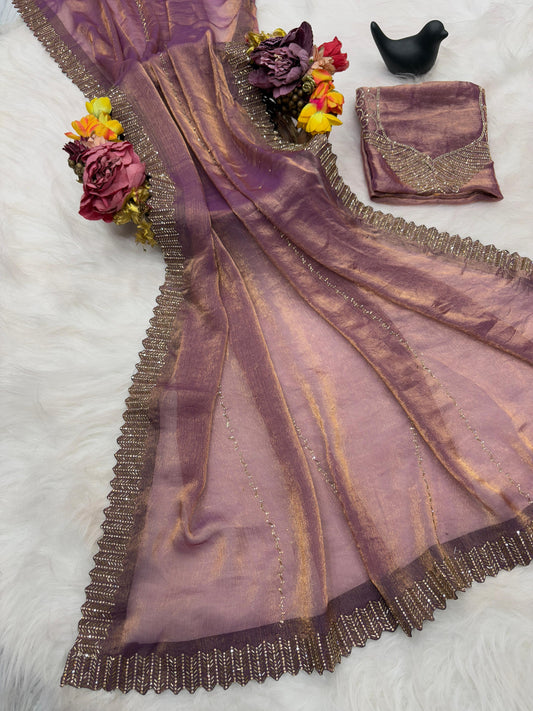 Beautiful Party-wear Satin Space Silk Zarkhan Diamond Work Saree
