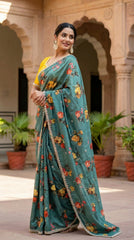 Beautiful Smooth Chinnon Embroidery Printed Work Saree