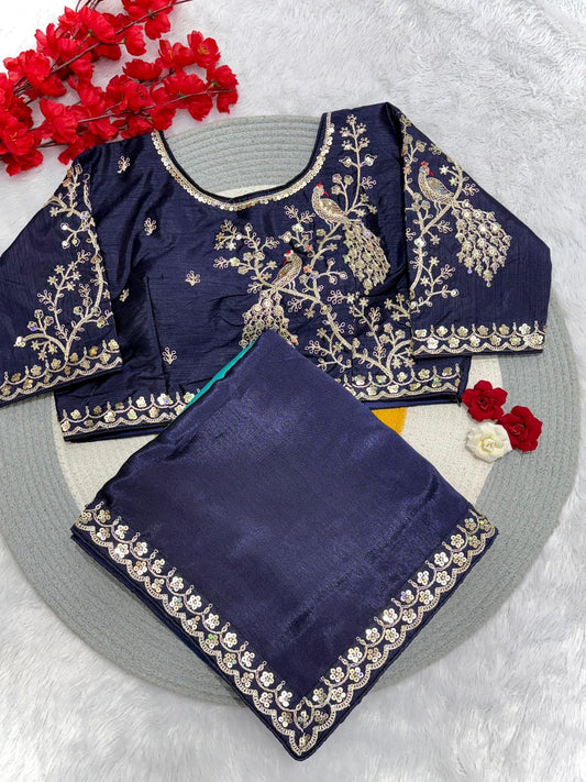 Beautiful  Blooming Chinnon Peding Silk Saree With Stitched Blouse