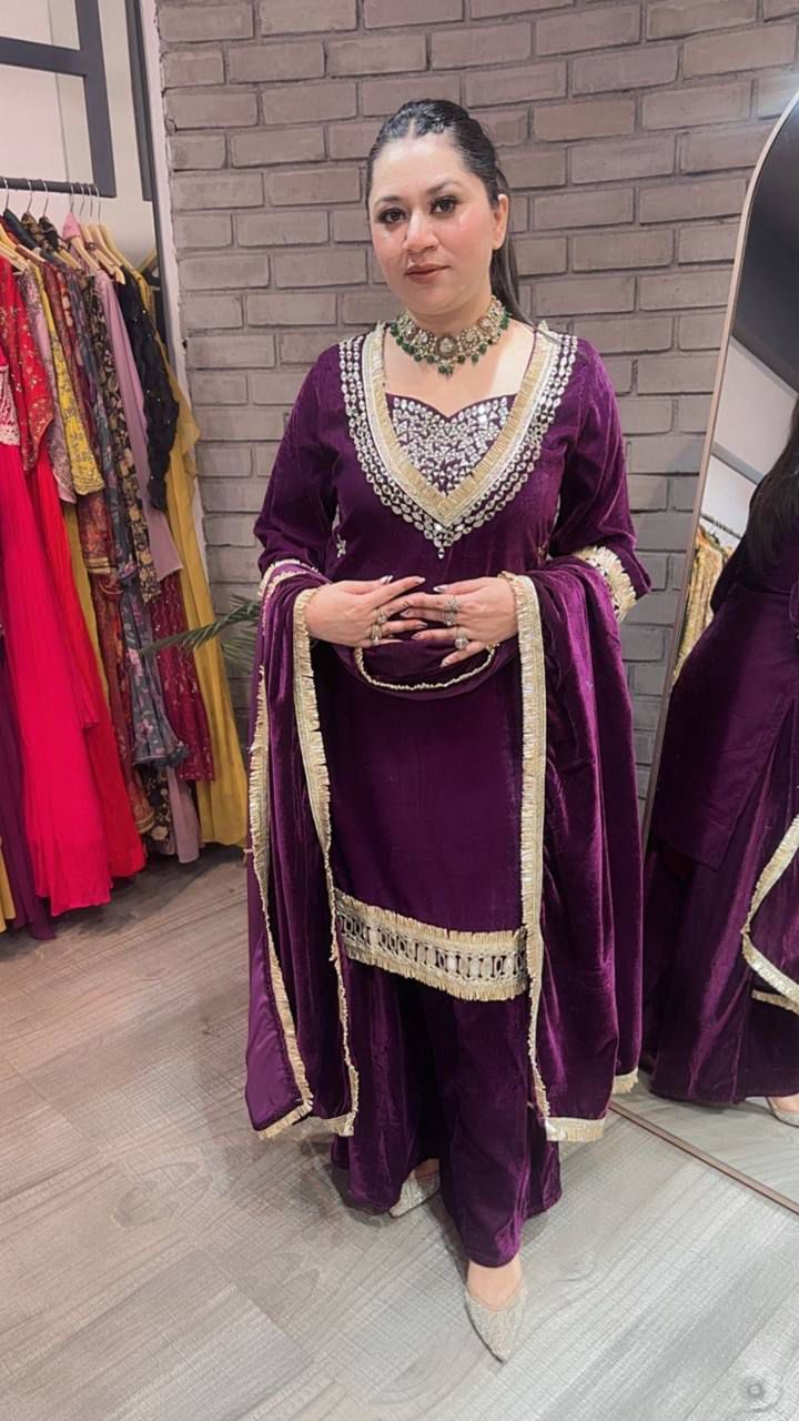 Winter Season velvet Real Mirror Embroidery Work Suit