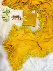 Party-wear Designer Fendy Satin Silk khatli Cut Dana Handwork Saree