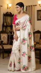 Beautiful Smooth Chinnon Embroidery Printed Work Saree