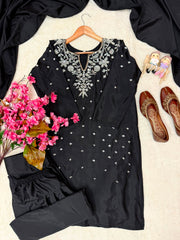Party-wear French Crape Beads & Sequence Embroidery Work Salwar Suit