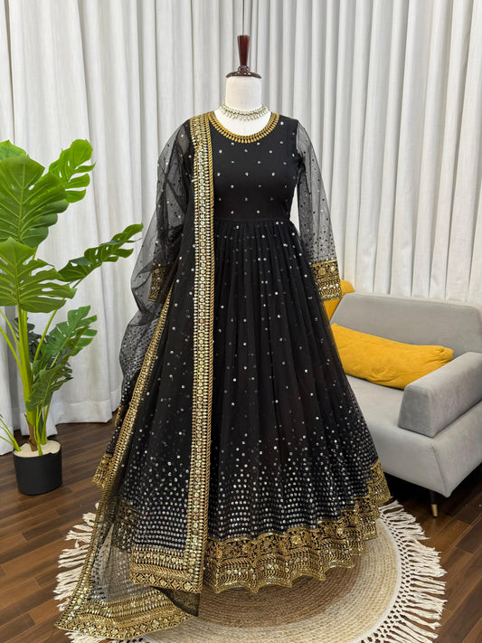 Attractive black Color Soft Butterfly Net Work Gown
