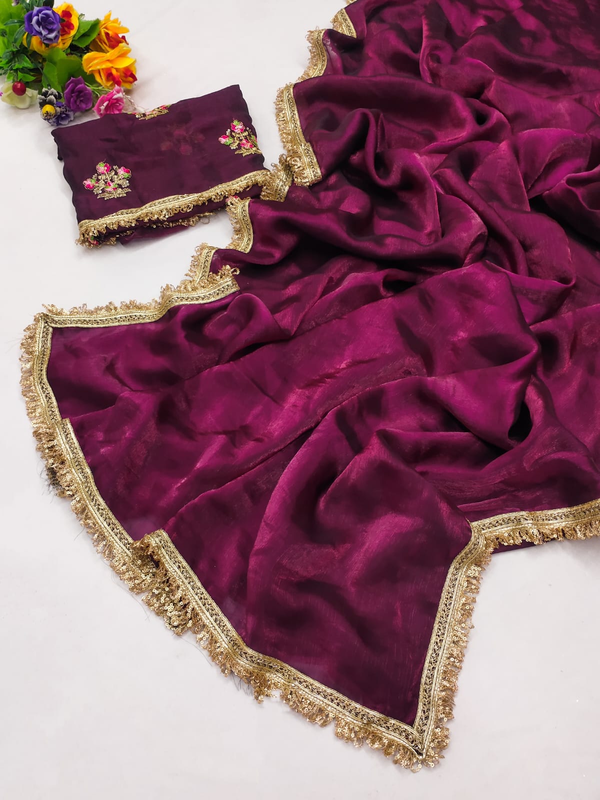Partywere Soft Silk Satin designer Lace Work Saree