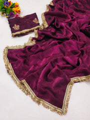Partywere Soft Silk Satin designer Lace Work Saree