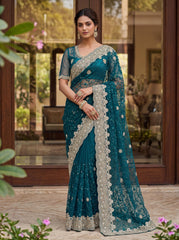 Party-wear Net Embroidery With Pearls Diamond Work Saree