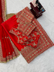 Red Bridal Special Japan Satin Thread & Coding Sequence Work Saree With Dupatta