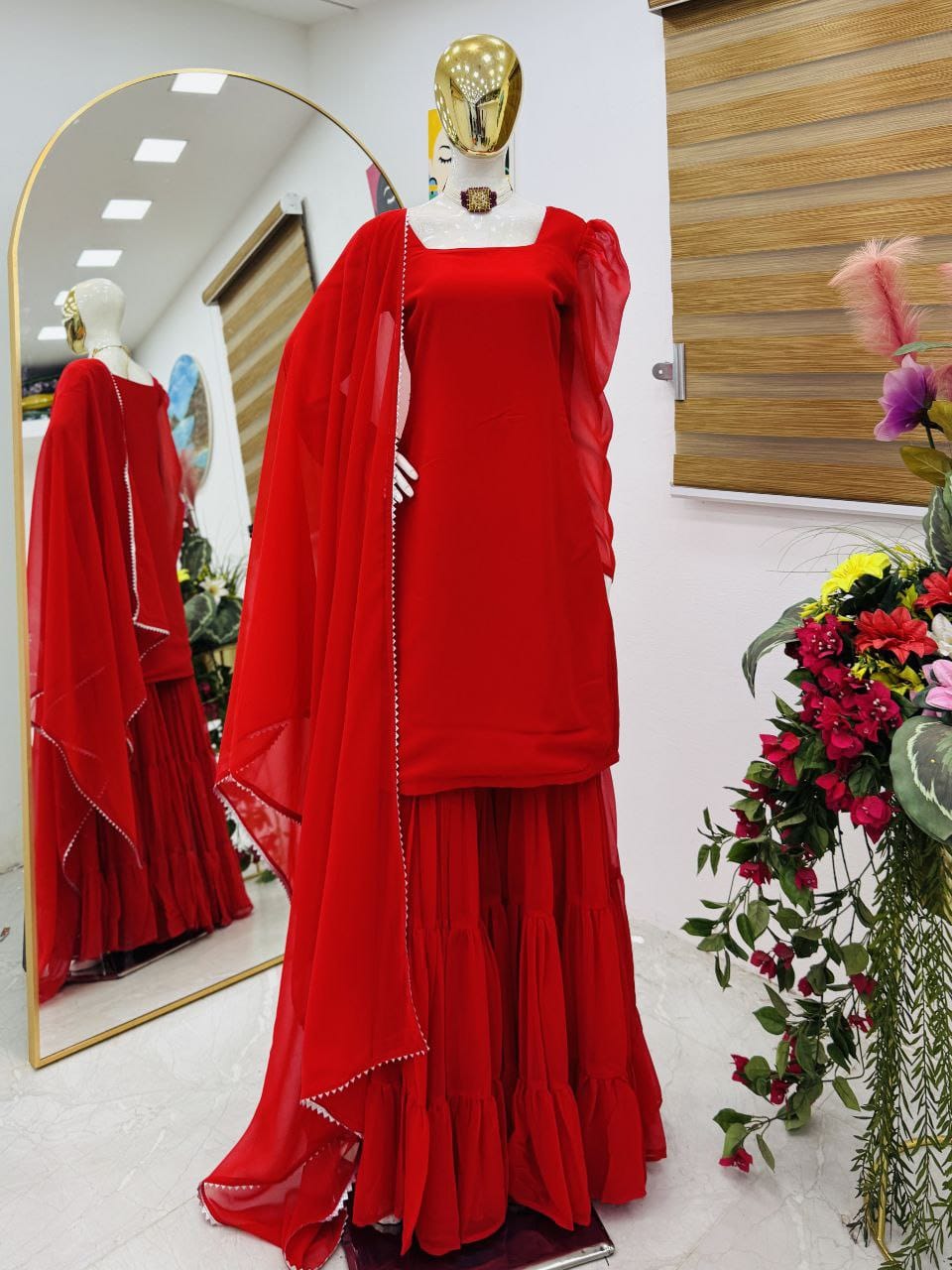 Party-wear Designer Ruffle Style Top Palazzo & Dupatta Set