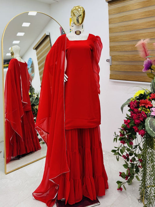 Party-wear Designer Ruffle Style Top Palazzo & Dupatta Set