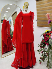 Party-wear Designer Ruffle Style Top Palazzo & Dupatta Set