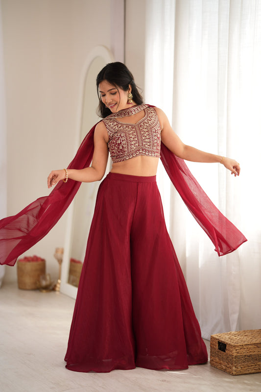 Indo-western Crunchy Silk Crop Top Palazzo Set
