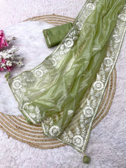 Party-wear Soft Twill Net C- Pallu & Piping Work Saree