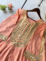 Dusty Peach Embroidered Festive Kurta Set with Designer Dupatta
