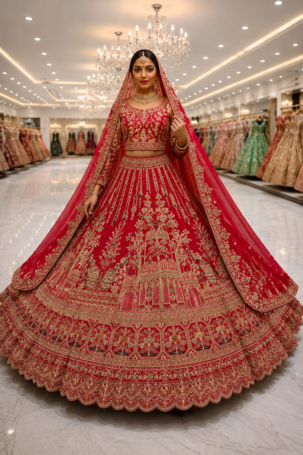 Trending Premium Silk With Zarkan Diamond & Embroidery Work Red Bridal Lehenga