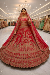 Trending Premium Silk With Zarkan Diamond & Embroidery Work Red Bridal Lehenga