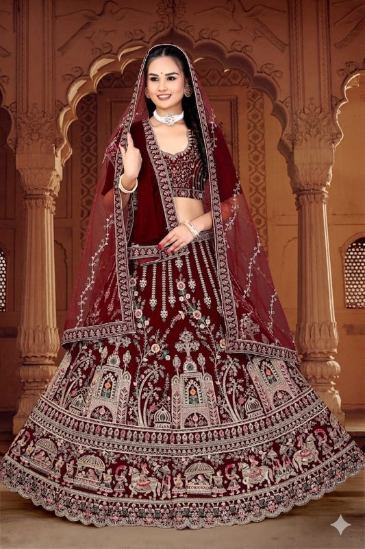 Maroon Trending Heavy Velvet With Zarkan Diamond & Embroidery Work Bridal Lehenga