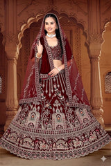 Maroon Trending Heavy Velvet With Zarkan Diamond & Embroidery Work Bridal Lehenga