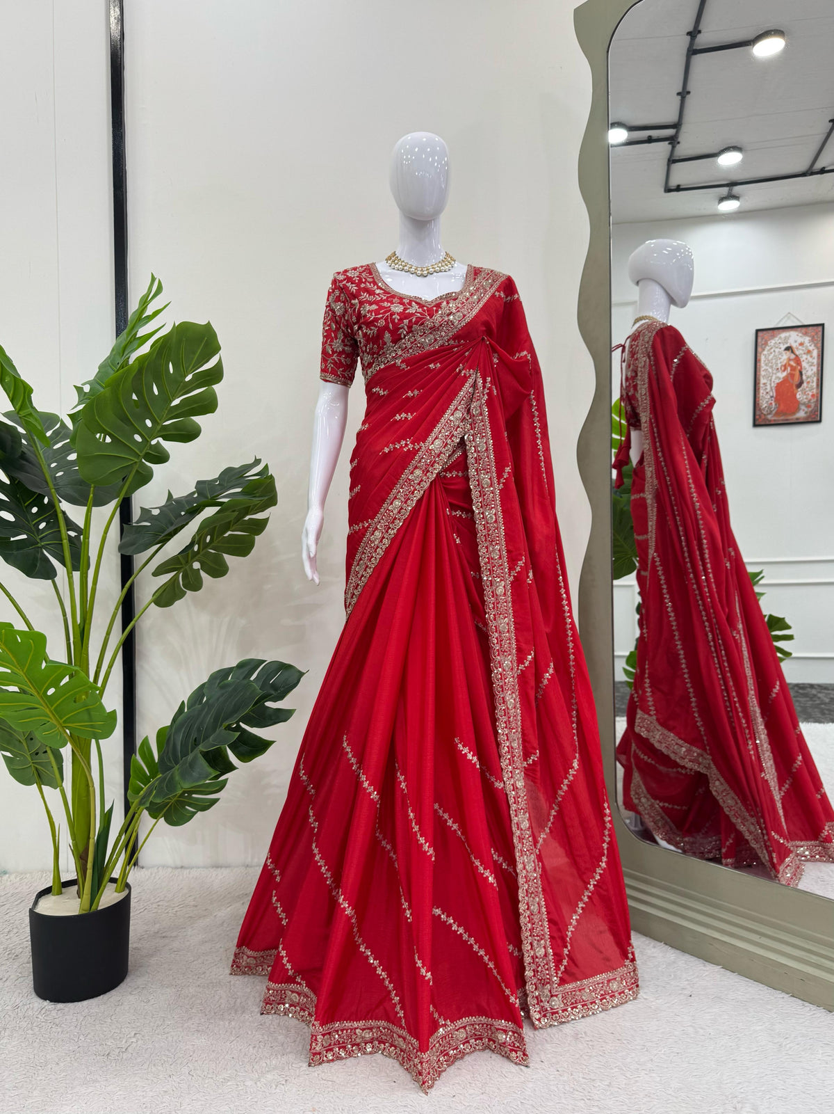 Beautiful Designer Red Chinon Silk Party-wear Saree