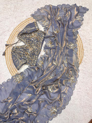 Party-wear Soft Fandy Satin Silk Handwork Saree With Stitched Blouse