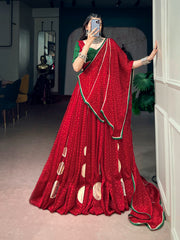 Navratri Nights Special Bandhej Print On Satin Chiffon Gotta Patch Work Lehenga With Stitched Choli
