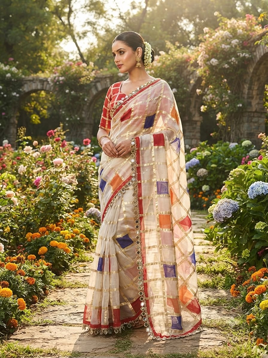 Beautiful Soft Viscose Off White Multicolour Checks & Box Print Golden Zari Weaving Saree
