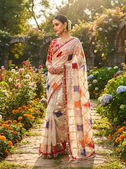 Beautiful Soft Viscose Off White Multicolour Checks & Box Print Golden Zari Weaving Saree
