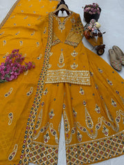 Designer Party-wear Chinon Silk Embroidery & Sequence Work Sharara Suit