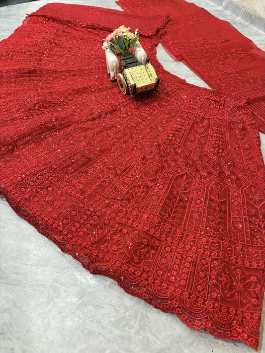 Beautiful Red Soft Net Cording Sequence Work Lehenga Choli
