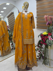 Designer Party-wear Chinon Silk Embroidery & Sequence Work Sharara Suit