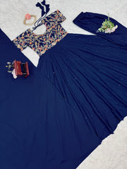 Beautiful Party-wear Natural Crep Thread With Sequence Work Gown