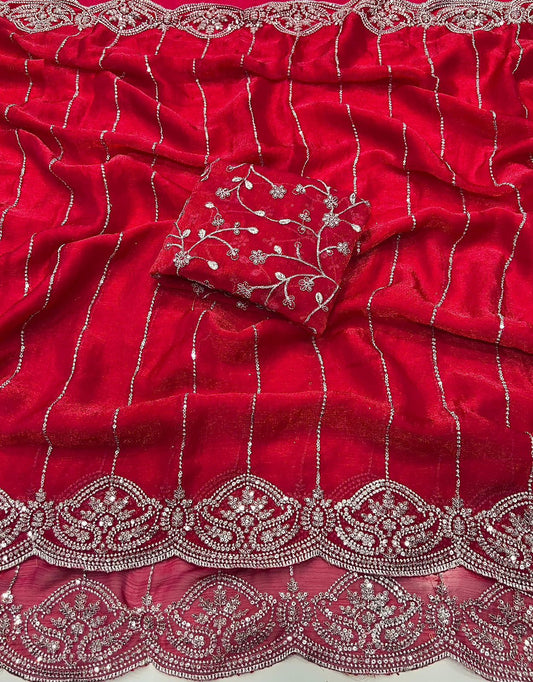 Party-wear Fendy Chiffon Silk With Beautiful Sequence Embroidery Work Saree