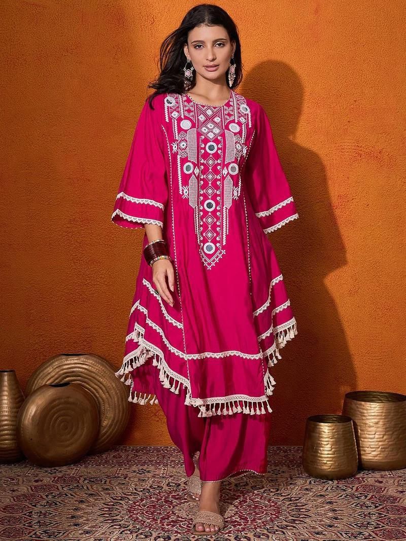 Stylish Charming Rayon Cotton Thread With Real Mirror Work Dress