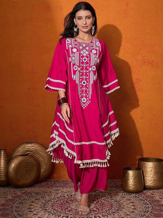 Stylish Charming Rayon Cotton Thread With Real Mirror Work Dress