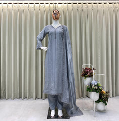 Beautiful Trending Chinon Silk Cotton Thread Embroidery Work Dress