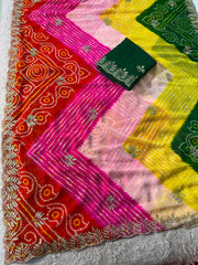 Beautiful Multi Shaded Lehriya With Silver Zari Sequence Shiny Leaf Work Saree