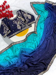 Beautiful  Blooming Chinnon Peding Silk Saree With Stitched Blouse